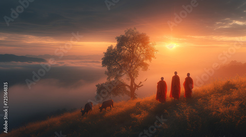 Thai monks walking in the rice fields at sunrise in Thailand with mist an fog and buffalos in the mountains