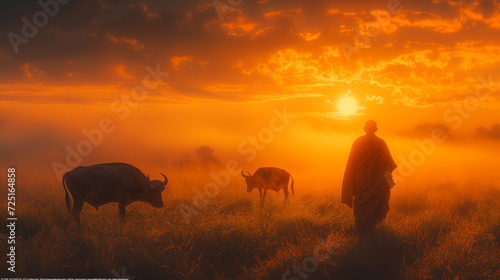 herd of buffalos at sunrise,Thai monks walking in the rice fields at sunrise in Thailand with mist an fog and buffalos © Chirapriya