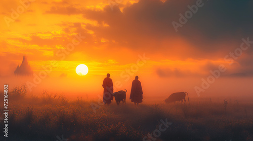 Thai monks walking in the rice fields at sunrise in Thailand with mist an fog and buffalos sunset over the field