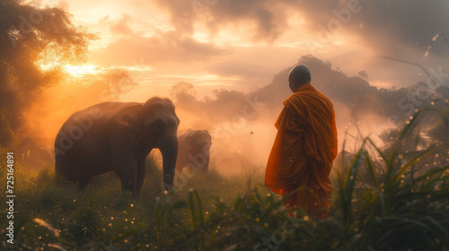 Thai monks walking in the rice fields at sunrise in Thailand with mist an fog and Elephants,sunrise in the forest