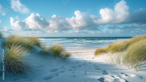 Dune landscape at the North Sea beach with sky and clouds