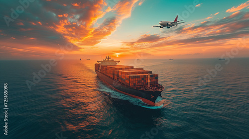 sunset in the sea with airplane and big container cargo vessel, airline, trade, maritime, carrier, vessel, concept, courier, distribution, commerce, logistic, transportation, transport, air, business,