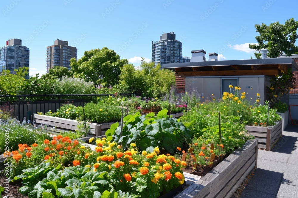 Rooftop garden with lush greenery and urban backdrop. Rooftop garden with lush greenery and urban backdrop.