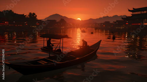 two men are boating in the water at dusk