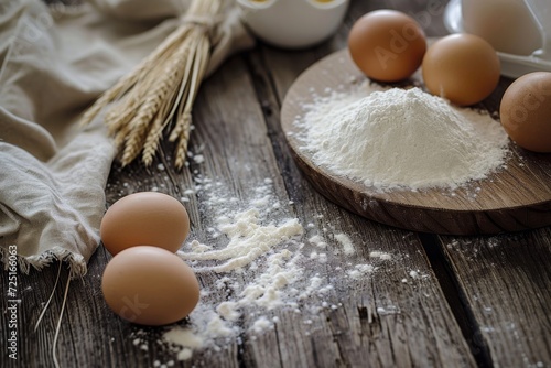 Eggs and flour on kitchen table for dough.