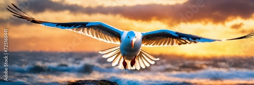A seagull flying over the ocean waves at sunset photo
