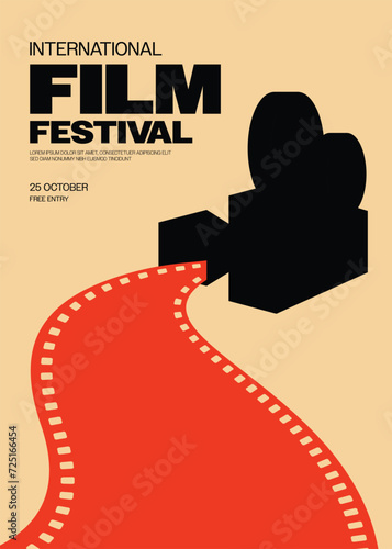 Movie and film festival poster template design background vintage retro style with camera and filmstrip