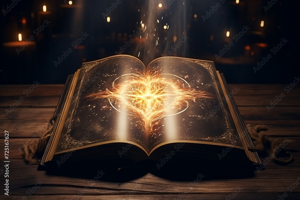 Ancient magic book on a wooden table background. Spellbook - obrazy, fototapety, plakaty 