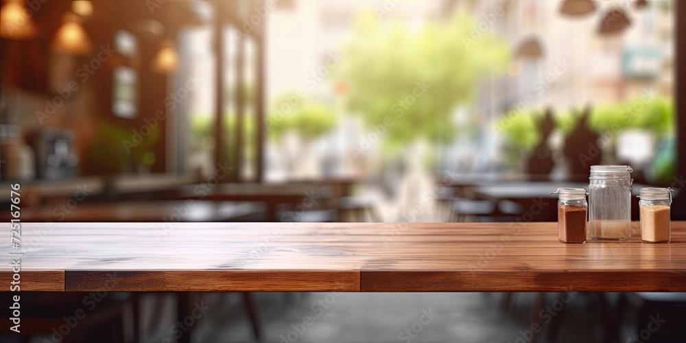Empty wooden table with blurred interior and modern loft coffee shop decor used as a mock-up template for displaying designs and advertising products.