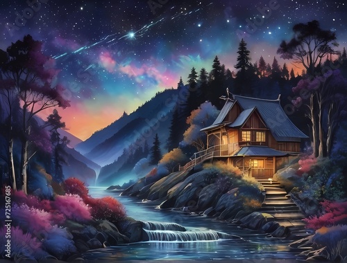 七色オーロラと星空とバンガローの自然風景壁紙背景 photo