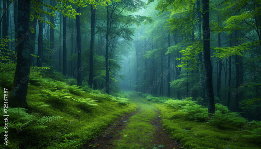 Obraz premium A serene pathway through a misty forest glade, illuminated by morning light, creating a magical atmosphere.