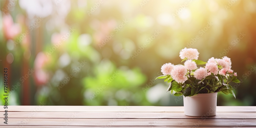 Flower pot background through defocused summer window on wooden table. Flower pot background through defocused summer window on wooden table.