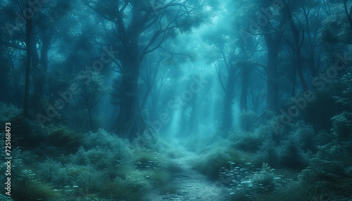 A serene pathway through a misty forest glade  illuminated by morning light  creating a magical atmosphere.