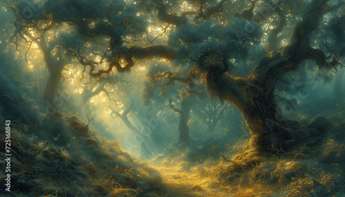 A serene pathway through a misty forest glade  illuminated by morning light  creating a magical atmosphere.