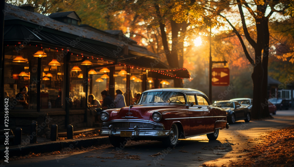 Obraz premium Old fashioned car illuminates the dark city street generated by AI