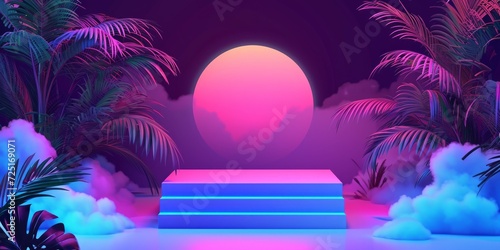 abstract background with neon glow. Futuristic landscape with palm trees, sun and clouds. synthware , retrowave , vaporwave