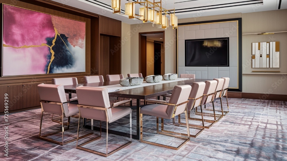 An elegant meeting space with a large table, rose gold chairs, and modern art decor. An elegant meeting space with a large table, rose gold chairs, and modern art decor.