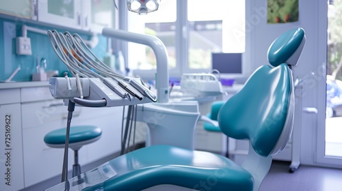 An ergonomic dental chair with a set of modern dentistry tools and equipment.