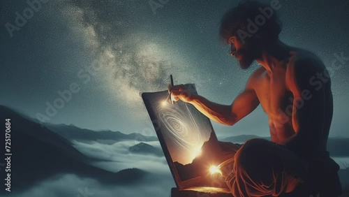 Man painting the nebula on the canvas at the night with stary sky in HD 1080p Footage  photo