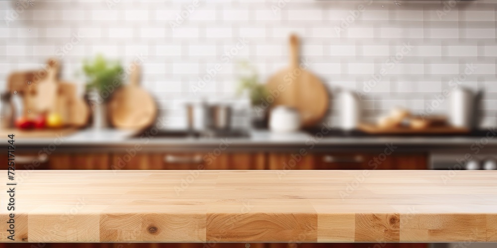 Blurred kitchen background with wooden table top