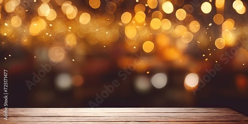 Blurred restaurant background with bokeh lights on empty wooden table top.