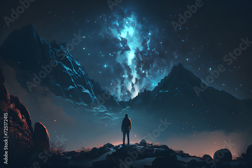 man watching the stars at night, vast sky, generative ai	
