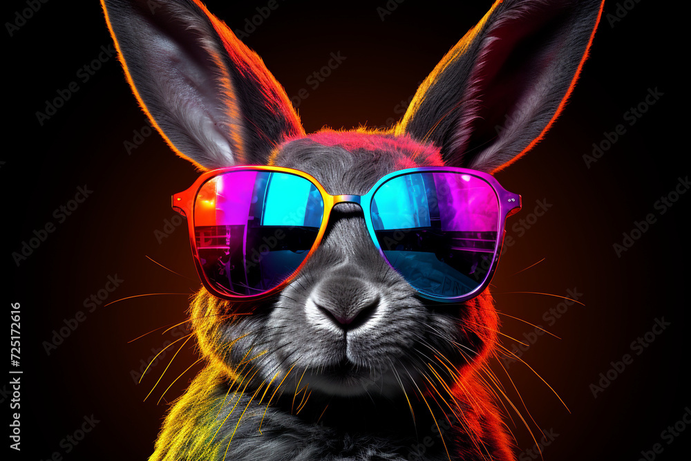 Cool baby young DJ rabbit sunglasses in colorful neon light enjoys the music