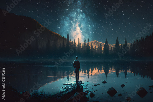 man watching the stars at night, vast sky, generative ai	
