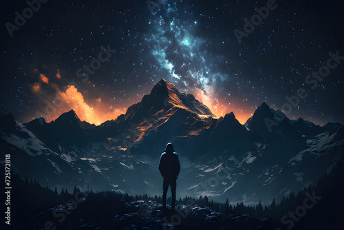 man watching the stars at night, vast sky, generative ai	
