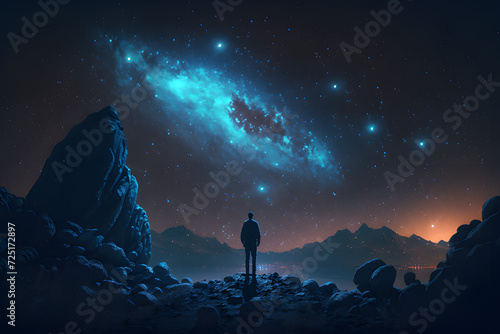 man watching the stars at night, vast sky, generative ai	
