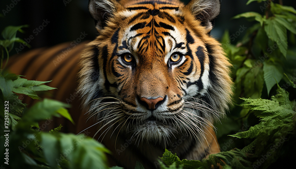 Majestic Bengal tiger, a beauty in nature, staring with aggression generated by AI