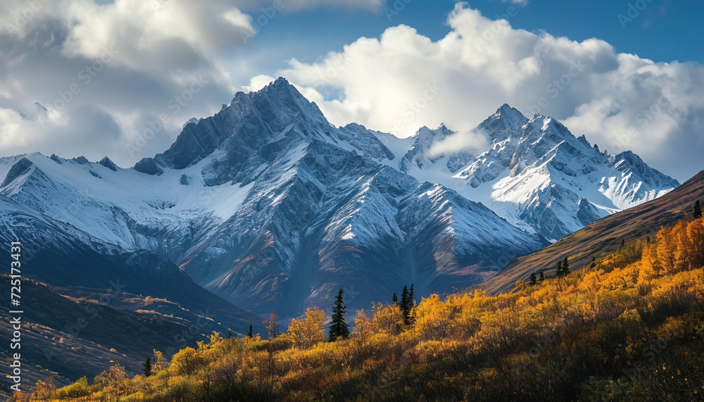 Snowy mountains of Alaska, landscape with forests, valleys, and rivers in daytime. Serene wilderness nature composition background wallpaper, travel destination, adventure outdoors