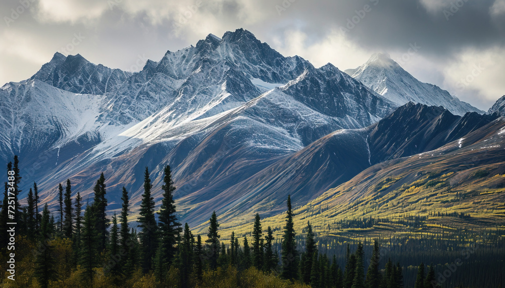 Snowy mountains of Alaska, landscape with forests, valleys, and rivers in daytime. Serene wilderness nature composition background wallpaper, travel destination, adventure outdoors