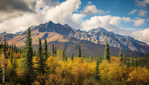 Snowy mountains of Alaska, landscape with forests, valleys, and rivers in daytime. Serene wilderness nature composition background wallpaper, travel destination, adventure outdoors