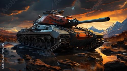 armored tank driving near a war landscape