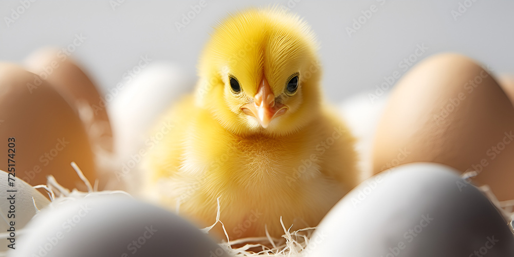 Yellow chicken hatching from egg. a baby chick sitting in a nest surrounded by colorful Easter eggs.