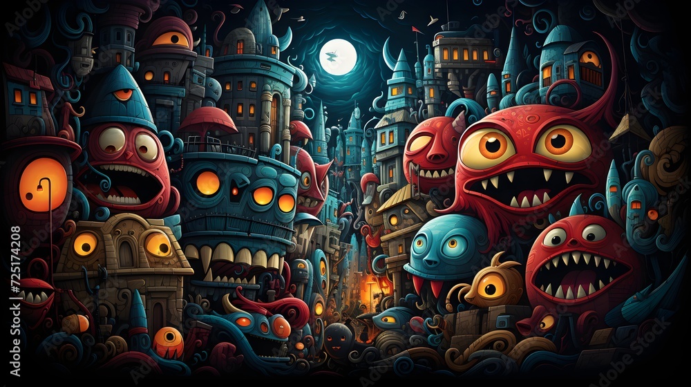 an illustration showing a city with many cartoon creatures, in the style of colorful grotesques
