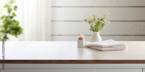 Empty space for decorations in kitchen with white wooden desk and napkin. © Vusal