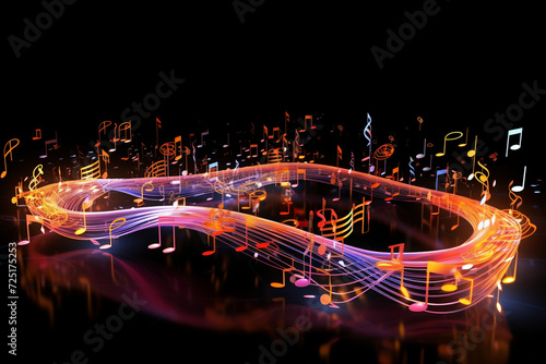 Composition of musical notes, lights, wave and sine patterns on the subject of music, sound equipment and processing, audio performance and entertainment