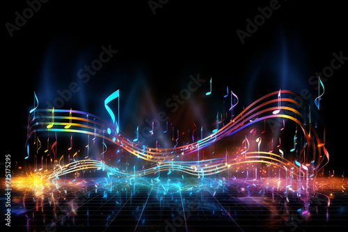 Composition of musical notes, lights, wave and sine patterns on the subject of music, sound equipment and processing, audio performance and entertainment