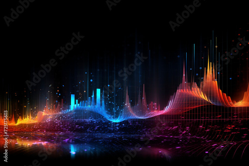 Composition of musical notes, lights, wave and sine patterns on the subject of music, sound equipment and processing, audio performance and entertainment