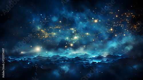 the earth seen from the dark, edges in bright blue, background with some stars and a beautiful nebula