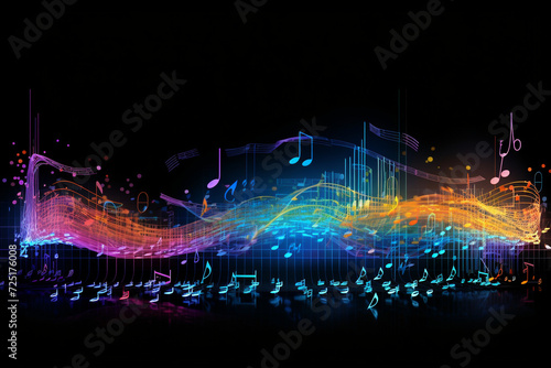 Composition of musical notes  lights  wave and sine patterns on the subject of music  sound equipment and processing  audio performance and entertainment
