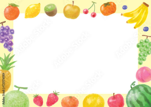 色々なフルーツの水彩風手描きフレーム-横型-黄色フチ白背景