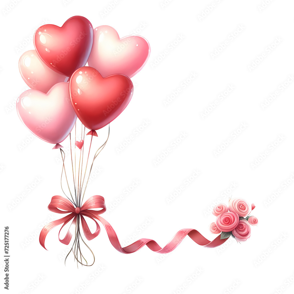 heart shaped balloons and flowers, transparent background
