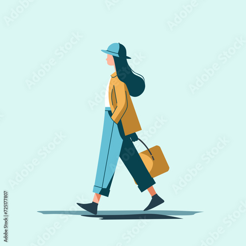Woman with a hat walking bring a bag flat vector illustration 