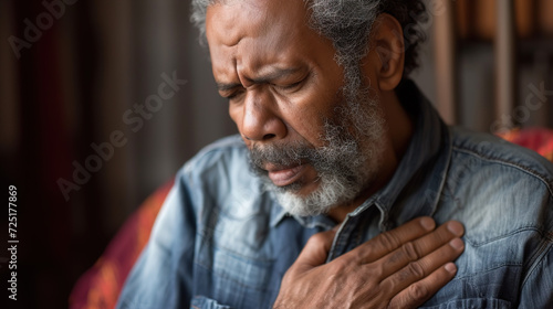 Old man holding his chest with a sad and pained expression
