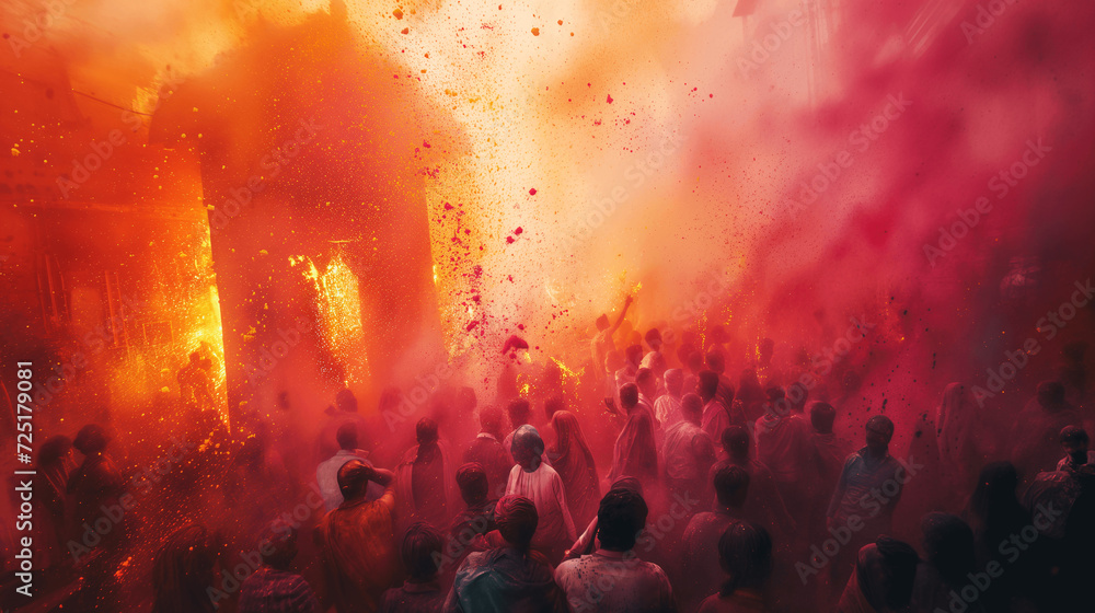 Holi Festival's Fiery Hues: Crowd Amidst Vivid Red and Yellow Colors