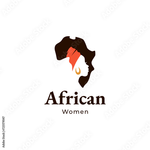 African woman wearing head cloth or dhuku with African continent shape design in flat vector logo design style