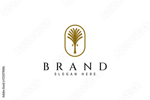 Elegant Palm icon flat vector logo design in gold color oval frame